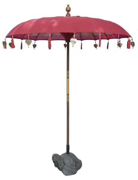 Product image 1 of the product “Bali umbrella, Red with wooden coins and gold leaves hanging around the edge. Approx. 190cm dia. and 250cm height ”